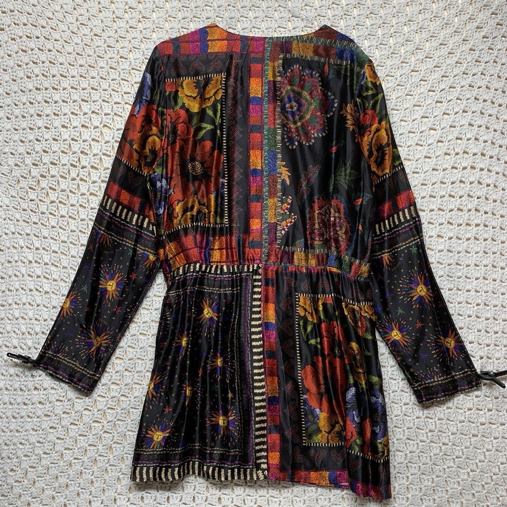 Farm‎ Rio Mini Wrap Dress Women L Black Floral Mixed Arabesque Scarves Long Slv - Picture 11 of 16